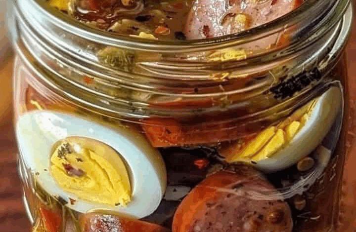 Huevos, salchichas y cebollas en escabeche
