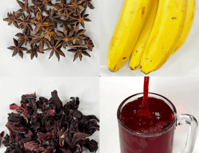 Té natural de cáscara de plátano, flor de Jamaica y anís estrella
