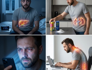 4 Hábitos Cotidianos que te Pasan Factura: Dormir Tarde, Refrescos, Pantalla de Noche y Mala Postura